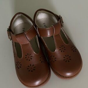 Toddler Brown T-Strap Dress Shoes with Floral Cutouts